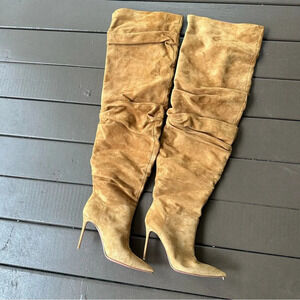 Amina Muaddi Jahleel Over the Knee Ruched Pointed Toe Stiletto Tan Suede Slouch